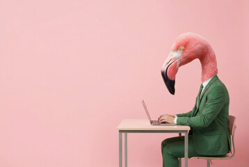 Surreal creative concept of anthropomorphic bird employee typing at office desk isolated