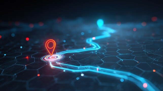 Digital navigation route with glowing location pin on hexagonal grid