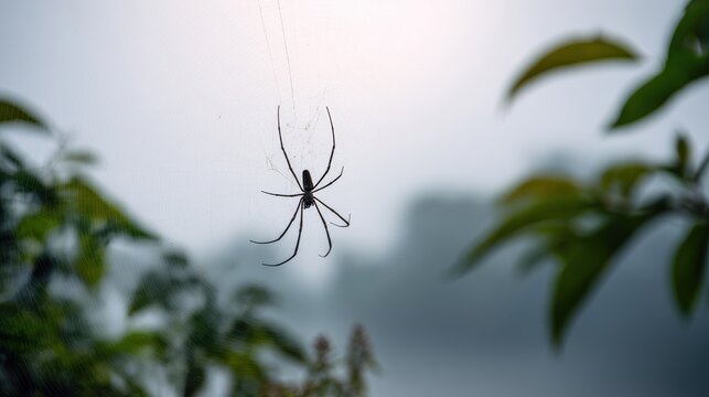 Silhouette of a large spider hanging from a thread in a misty, natural environment with blurred foliage in the foreground