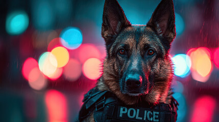 Police dog in tactical vest at night with city lights