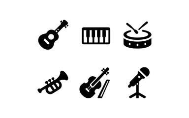 Fototapeta premium Collection of musical instrument icons: guitar, piano, drums, trumpet, violin, microphone