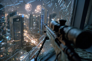 Sniper rifle aiming at cityscape with fireworks