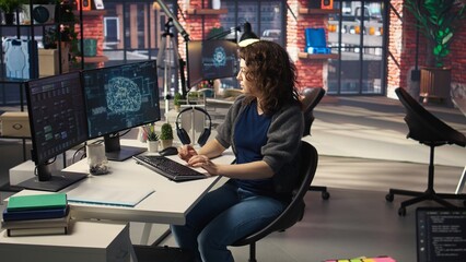 IT expert writing code and debugging on artificial intelligence neural networks computerized brain...