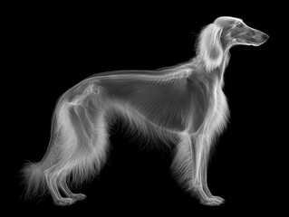 Obraz premium X-ray image of a greyhound, depicted in profile view against black background Every bone structure visible, with artistic manipulation adding depth and intrigue - AI-Generated