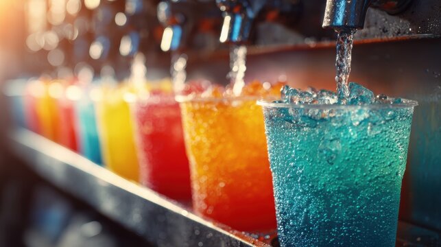 Row of colorful slushy drinks being dispensed from a soda fountain machine