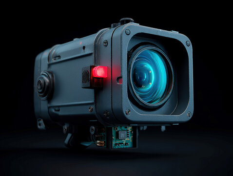 Close-up of a black and metallic battlefield surveillance camera with neon blue lens core, visible sensor circuitry, and red status light The perspective is slightly angled from above - AI-Generated