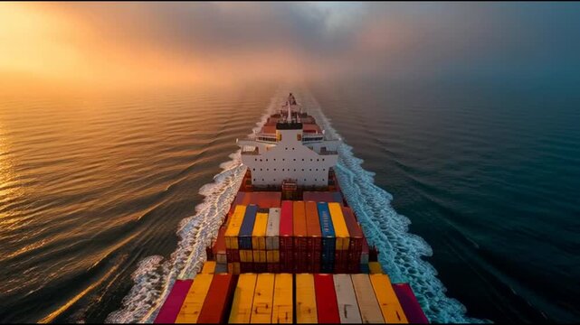 Aerial view of cargo ship transporting colorful containers across vast ocean waters at sunrise