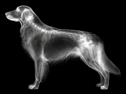 A side-angle X-ray of a standing Golden Retriever, showing its skeletal structure and muscle mass in grayscale against a brown fur tone The dogs head is turned slightly left, with vis - AI-Generated