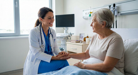 Portrait of a smiling female doctor holding the hand of an elderly woman lying in a hospital bed, expressing compassion and support during a medical visit