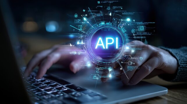 Conceptual image of api development and integration with glowing digital interface over a laptop keyboard