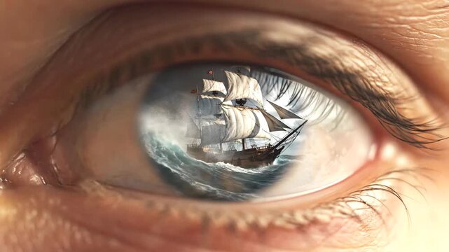 Extreme close-up of a human eye reflecting a historic tall ship sailing on a stormy sea