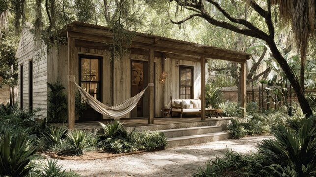 Rustic wooden cabin nestled within a dense, mossy subtropical forest setting