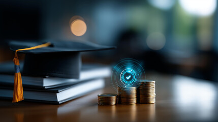 Innovative decentralized education economy tool icon concept representing tokenization and digital learning solutions, with copy space