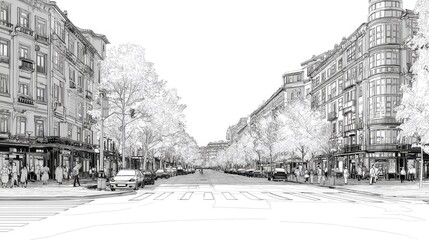 Obraz premium Detailed architectural rendering illustrates a bustling urban avenue lined with multi-story buildings and mature trees