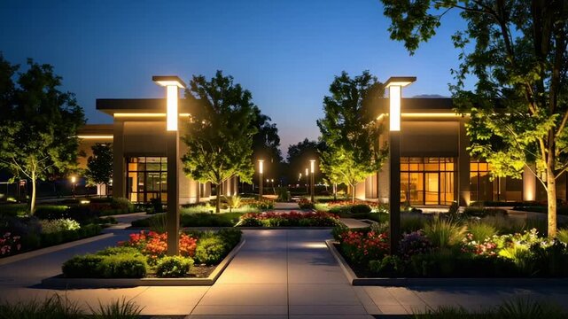 A nighttime architectural rendering shows a lit pathway flanked by manicured gardens and buildings