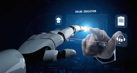 Naklejka premium An AI powered online education and e-learning platform. A concept of personalized video courses and adaptive learning in a virtual classroom. Motif