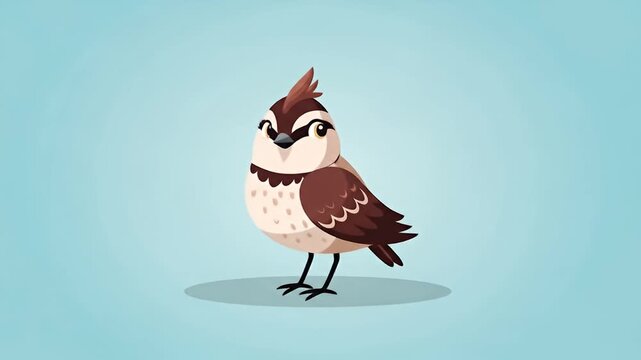 Cartoon illustration of a small brown and beige bird standing on a light blue background