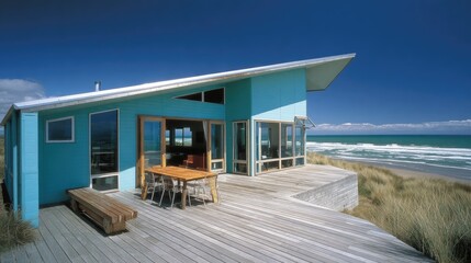 Fototapeta premium Modern coastal dwelling features expansive outdoor decking overlooking a sunny ocean horizon