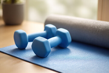 Blue dumbbells on yoga mat for home workout setup