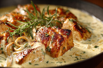 Delicious pan-seared chicken in creamy sauce with rosemary