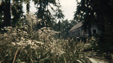 Obraz premium Overgrown wilderness foliage partially obscures a rustic dwelling nestled among tall evergreen trees.