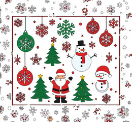 Naklejka premium Christmas Holiday Vector Illustration with Santa Claus Snowman Christmas Trees Baubles and Snowflakes Festive Winter Design