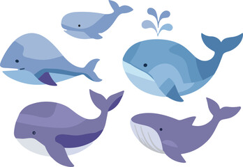 Obraz premium Cute Whale Cartoon Collection Blue and Purple Marine Animals Vector Illustration Set for Kids Design