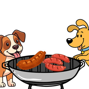 Funny cute cartoony image of two dogs with tongues out salivating over delicious sausages grilling on a BBQ plate, transparent background