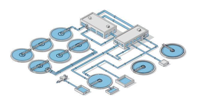 Industrial water treatment plant illustration with multiple processing units and interconnected pipelines