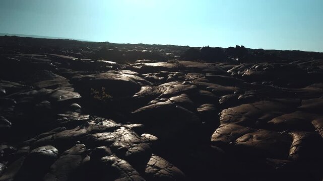 Tholeiitic basalt Pāhoehoe Lava flows (Kau Basalt) from Earth's largest active volcano Mauna Loa (Shield volcano). Mauna Loa Observatory Road, The Big Island (Hawaiʻi Island).