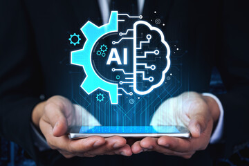 Fototapeta premium Concept of Artificial Intelligence combining industrial automation with cognitive technology. A machine learning brain processes information to optimize mechanical systems and workflows. Fermion