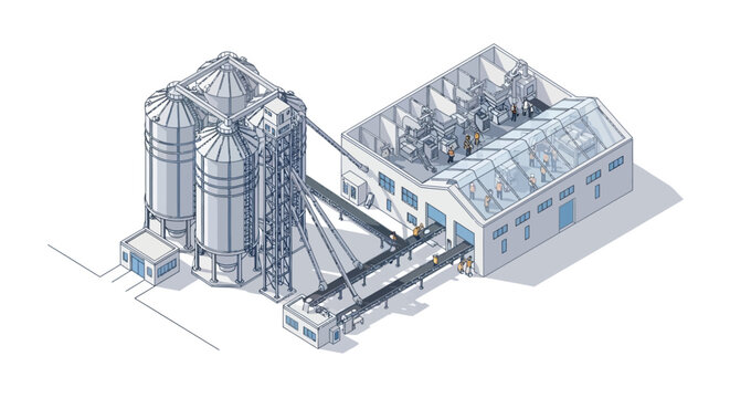 Industrial factory building with silos and conveyor belts, illustration of manufacturing and production