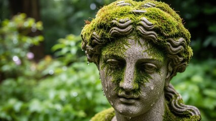 Fototapeta premium Ancient Stone Statue of a Woman Covered in Moss in a Garden.