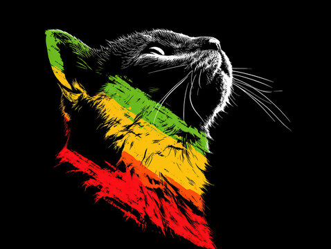 Stylized black and white rasta cat head on solid black background, serene expression, digital art style, intricate fur details, selective coloring, gradient effect, angled perspective - AI-Generated