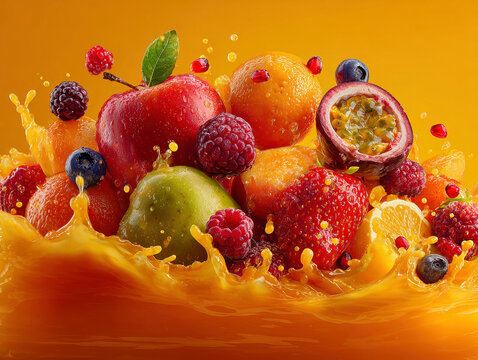 Studio shot of a vibrant fruit cluster suspended in orange juice against yellow backdrop Fruits include apple, pear, orange, pineapple, pomegranate, strawberry, raspberry, passion frui - AI-Generated