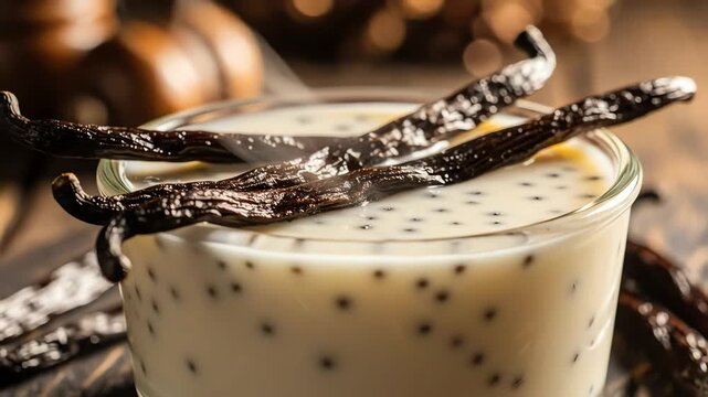 Close up of a refreshing drink with vanilla beans and seeds