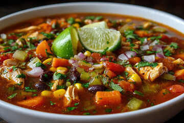 Delicious chicken chili with fresh salsa and lime