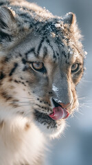 Snow leopard licking face in winter landscape