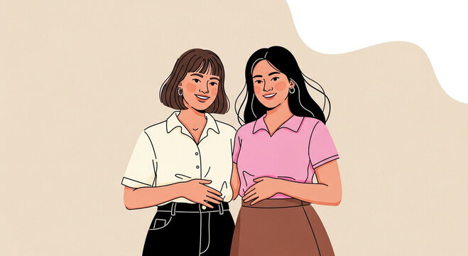 Two young women standing together smiling in casual modern outfits