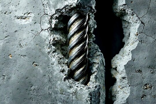 Thick, vertical steel TMT rebar with diagonal ribs, emerging from a jagged, broken opening in a rough grey concrete pillar