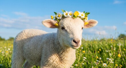 Obraz premium Lamb wearing flower crown in a sunny meadow with wildflowers