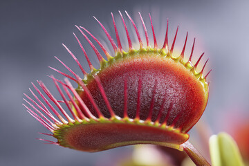 Close-up of Venus flytrap with sharp red trigger hairs