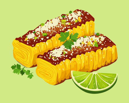 Golden crescent pastry or empanada with fresh herb garnish served as a traditional savory meat snack - Vector Illustration