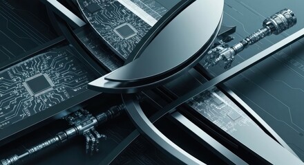 Futuristic digital abstract featuring metallic forms and circuit boards