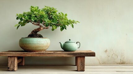 Bonsai tree and teapot on rustic wooden stand, soft light and wall