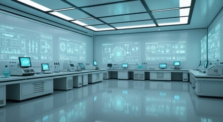 Futuristic lab interior with computer displays and scientific equipment