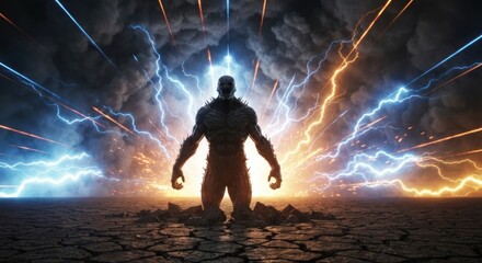 A figure kneels, surrounded by lightning amid a stormy, cracked landscape