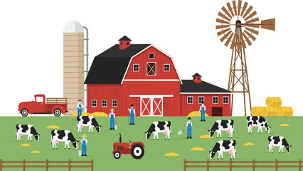 Flat Vector Illustration of a Productive Dairy Farm Featuring a Red Barn Silo Windmill Grazing Cows and Farmers Working in a Green Pastoral Countryside Setting © MSTNusrat
