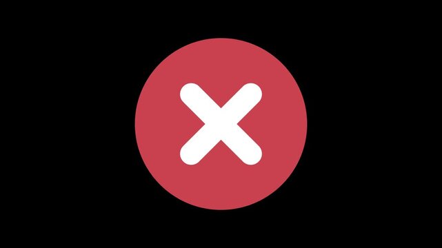 Red Error Cross Mark Animation for Failure Status and Rejected Loading Progress on Black Background