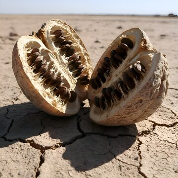 Macro photography of naturally split colocynth bitter apple pods on dry cracked earth